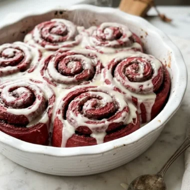 heavenly red velvet cinnamon rolls fresh from the oven with cream cheese glaze on white marble