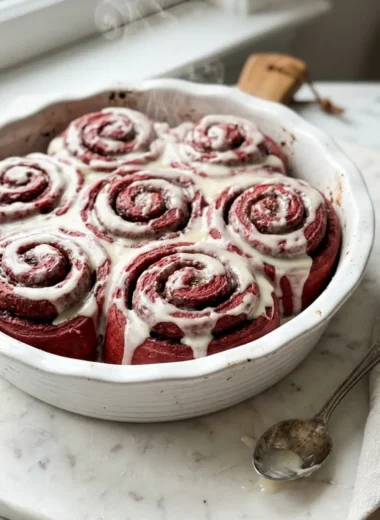 heavenly red velvet cinnamon rolls fresh from the oven with cream cheese glaze on white marble