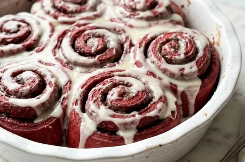 heavenly red velvet cinnamon rolls fresh from the oven with cream cheese glaze on white marble