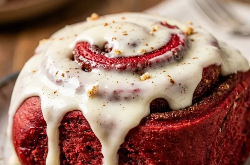 Pinterest pin image for heavenly red velvet cinnamon rolls with dripping cream cheese glaze