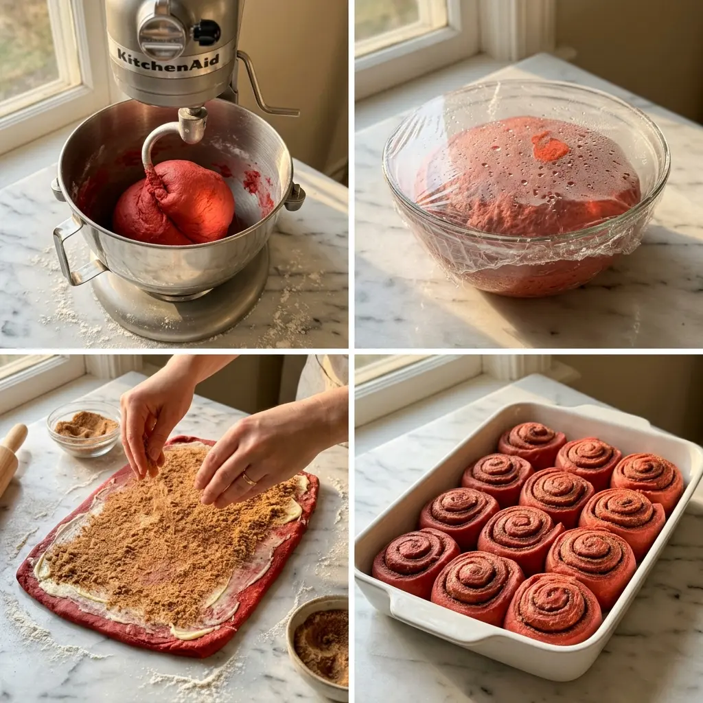 4-step cooking process collage for heavenly red velvet cinnamon rolls showing dough mixing, rising, filling, and second rise