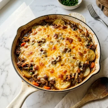Hobo Casserole Ground Beef Recipe Easy with golden melted cheese in a white cast iron skillet