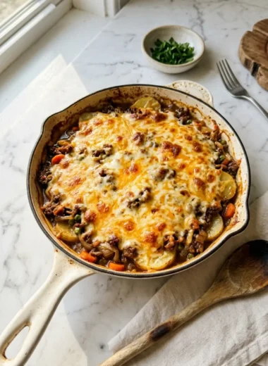 Hobo Casserole Ground Beef Recipe Easy with golden melted cheese in a white cast iron skillet