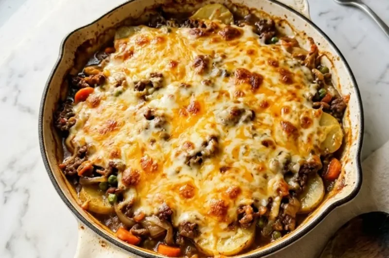 Hobo Casserole Ground Beef Recipe Easy with golden melted cheese in a white cast iron skillet