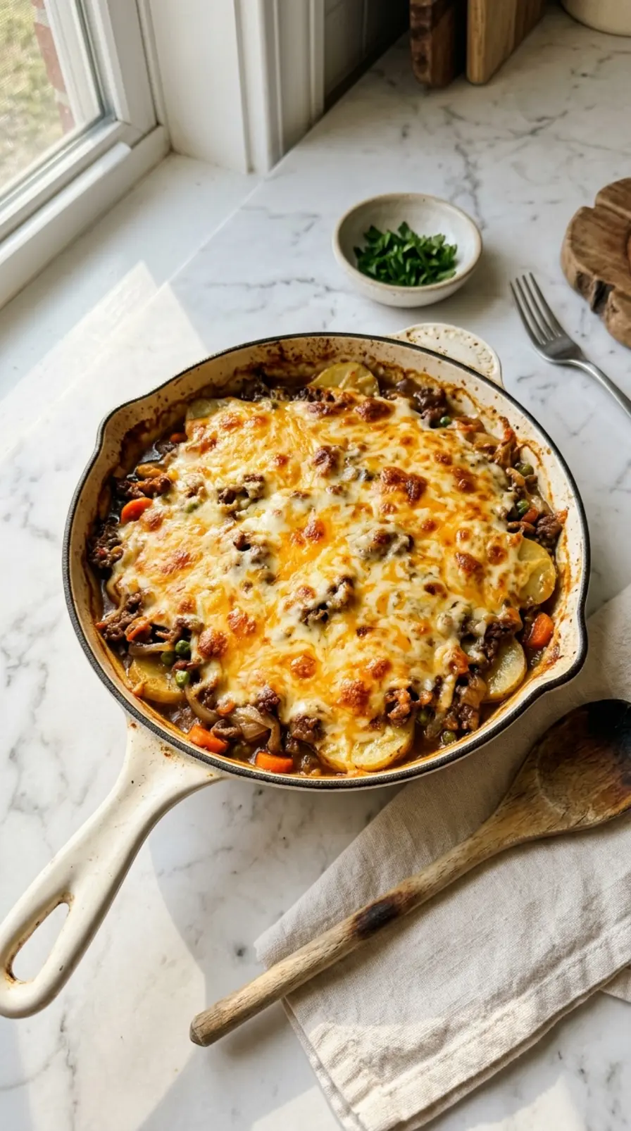 Hobo Casserole Ground Beef Recipe Easy with golden melted cheese in a white cast iron skillet
