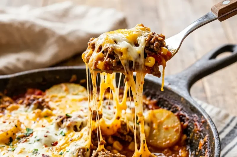 Pinterest pin image for Hobo Casserole Ground Beef Recipe Easy