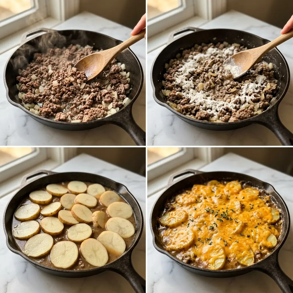 4-step cooking process collage for Hobo Casserole Ground Beef Recipe Easy showing browning beef, making gravy, layering potatoes, and baked result
