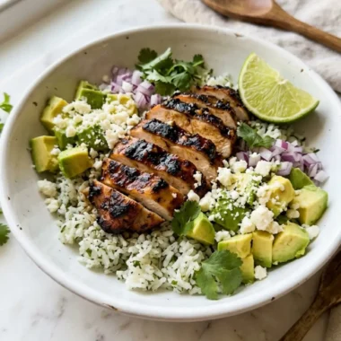 Honey Lime Chicken & Avocado Rice Bowl served in a white ceramic bowl with avocado, cheese, and lime