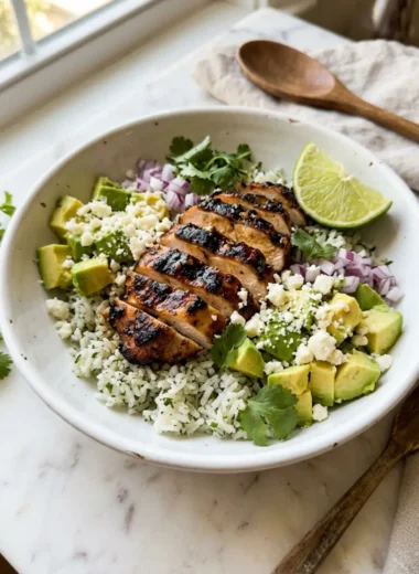 Honey Lime Chicken & Avocado Rice Bowl served in a white ceramic bowl with avocado, cheese, and lime