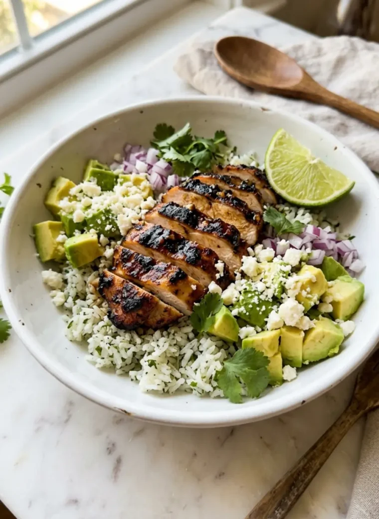 Honey Lime Chicken & Avocado Rice Bowl served in a white ceramic bowl with avocado, cheese, and lime