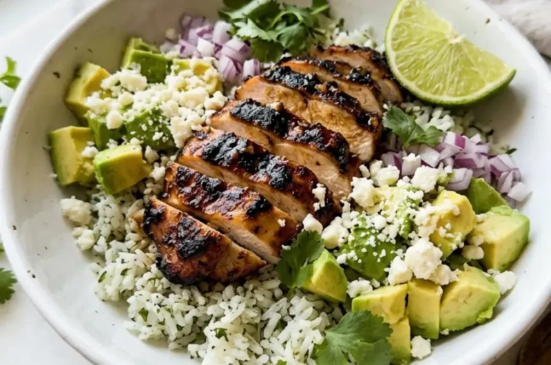 Honey Lime Chicken & Avocado Rice Bowl served in a white ceramic bowl with avocado, cheese, and lime