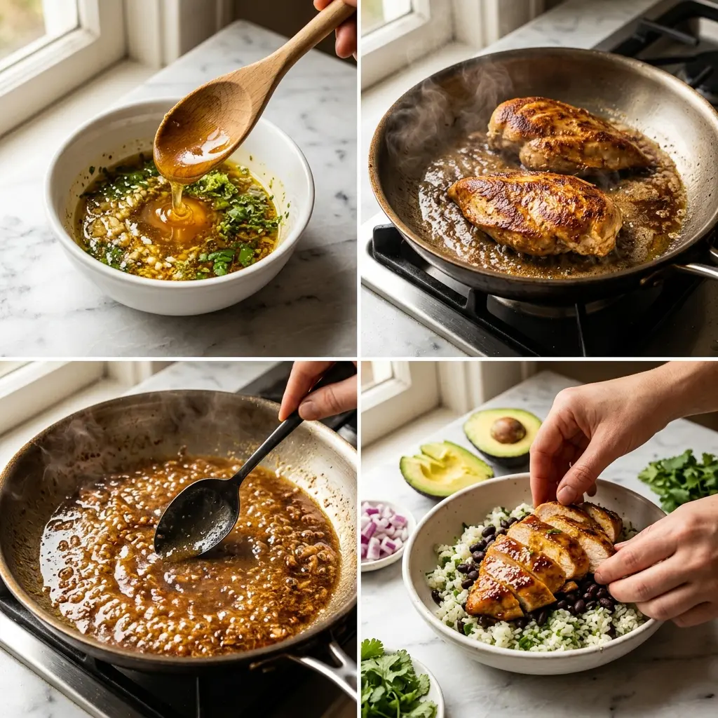 4-step cooking process collage for Honey Lime Chicken & Avocado Rice Bowl showing marinade mixing, chicken searing, glaze making, and bowl assembly