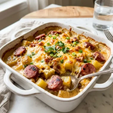 kielbasa sausage cheesy potato casserole in white ceramic dish with bubbling cheese and sausage slices