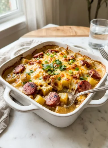 kielbasa sausage cheesy potato casserole in white ceramic dish with bubbling cheese and sausage slices