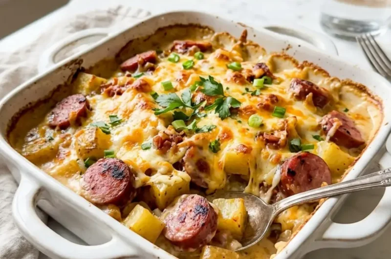 kielbasa sausage cheesy potato casserole in white ceramic dish with bubbling cheese and sausage slices