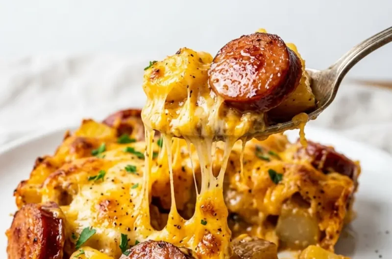 Pinterest pin image for Kielbasa Sausage Cheesy Potato Casserole with cheese pull