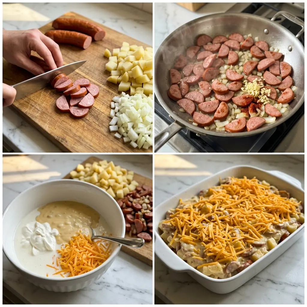 4-step cooking process collage for Kielbasa Sausage Cheesy Potato Casserole showing prep, sautéing, mixing sauce, and assembling