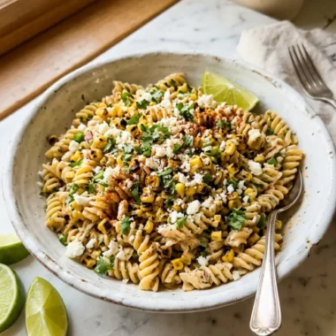 Mexican Street Corn Pasta Salad with charred corn, cotija, and lime wedges in a white bowl