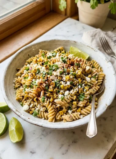 Mexican Street Corn Pasta Salad with charred corn, cotija, and lime wedges in a white bowl