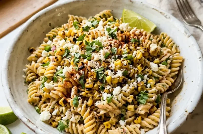 Mexican Street Corn Pasta Salad with charred corn, cotija, and lime wedges in a white bowl