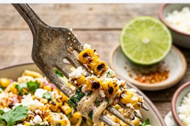 Pinterest pin image for Mexican Street Corn Pasta Salad with forkful of creamy charred corn and pasta