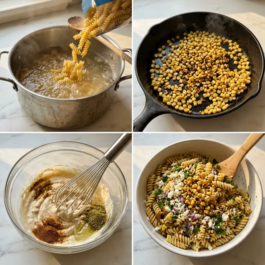 4-step cooking process collage for Mexican Street Corn Pasta Salad showing boiling, charring, whisking, and tossing