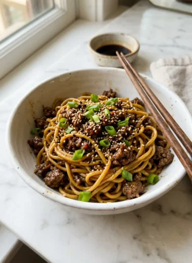 steaming bowl of Mongolian Ground Beef Noodles with green onions and sesame seeds