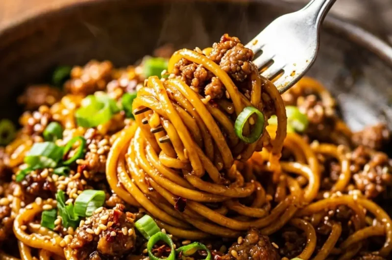 Pinterest pin image for Mongolian Ground Beef Noodles