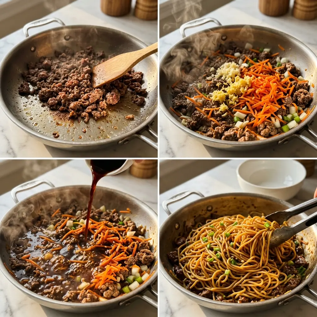 4-step cooking process for Mongolian Ground Beef Noodles from browning beef to tossing noodles