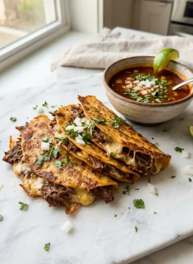 My Fave Birria Tacos with cheese pull dipped in consommé