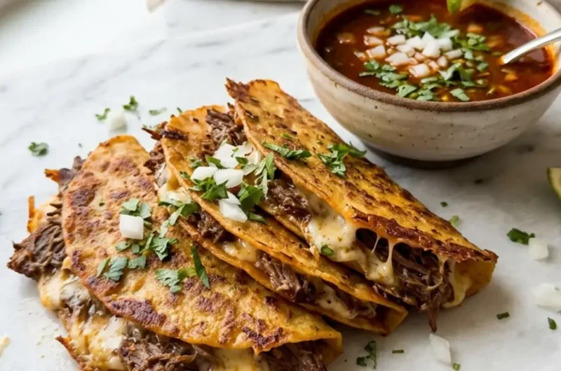 My Fave Birria Tacos with cheese pull dipped in consommé