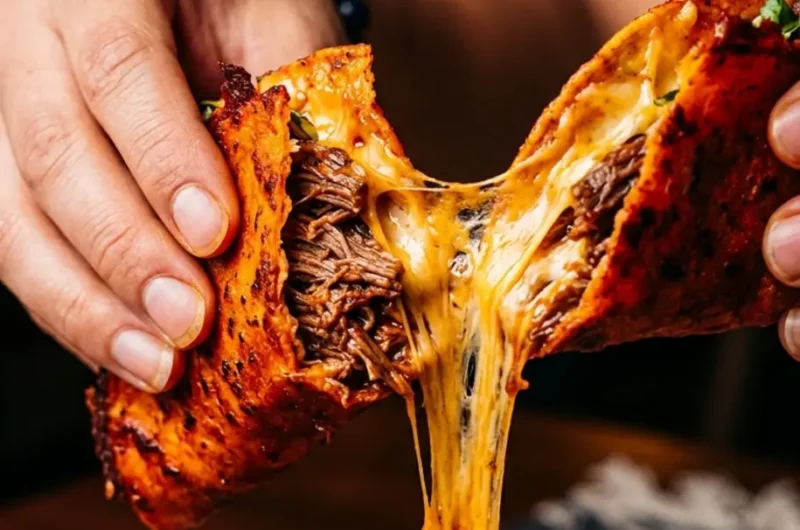 Pinterest pin image for My Fave Birria Tacos showing cheese pull over consommé