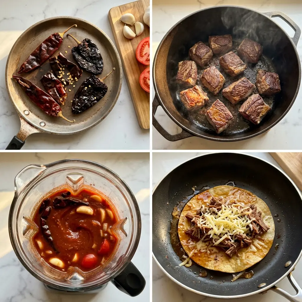 4-step cooking process collage for My Fave Birria Tacos showing chile prep, searing, blending, and assembling