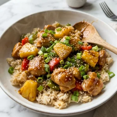 Irresistible Pineapple Chicken and Rice served in a white bowl with green onions and sesame seeds