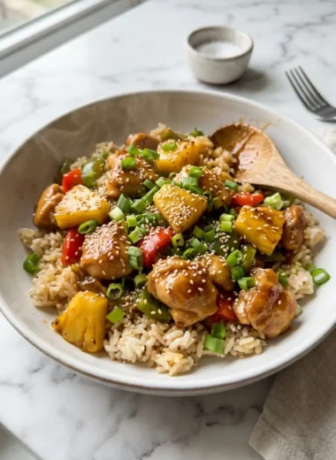 Irresistible Pineapple Chicken and Rice served in a white bowl with green onions and sesame seeds