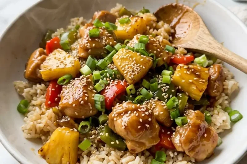 Irresistible Pineapple Chicken and Rice served in a white bowl with green onions and sesame seeds