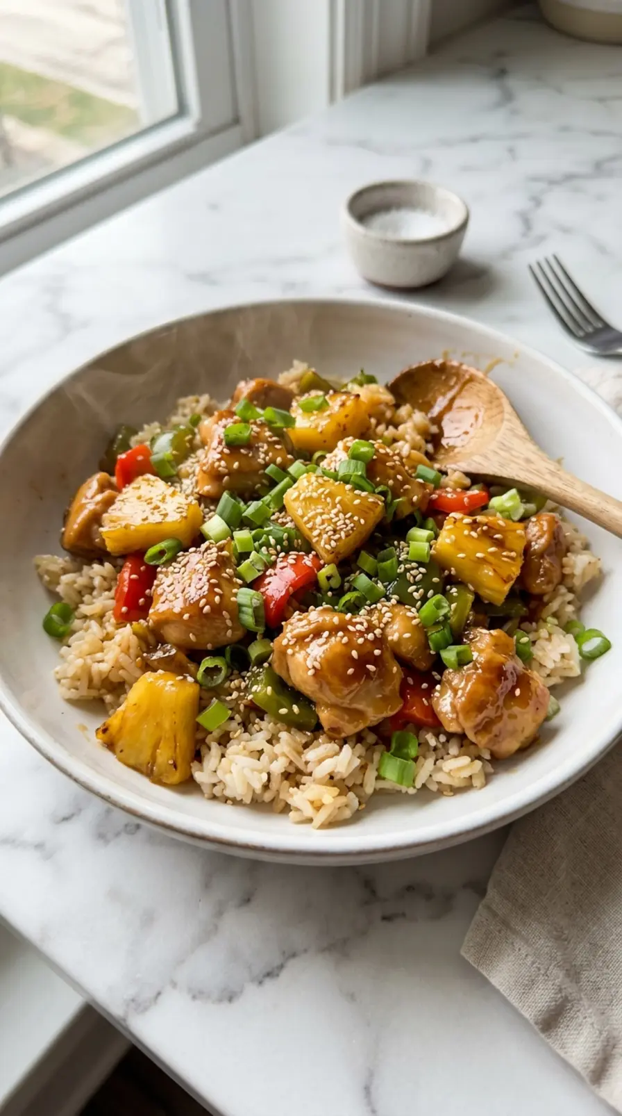 Irresistible Pineapple Chicken and Rice served in a white bowl with green onions and sesame seeds