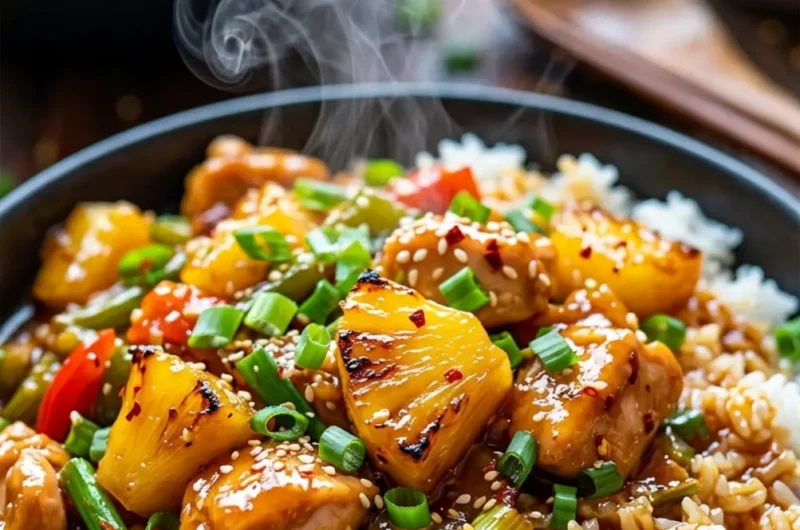 Pinterest pin image for Irresistible Pineapple Chicken and Rice