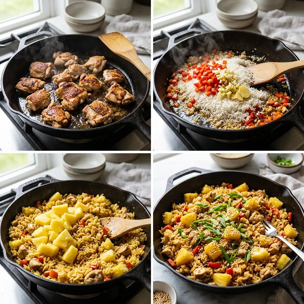 4-step cooking process collage for Irresistible Pineapple Chicken and Rice showing searing, toasting, adding pineapple, and finished dish