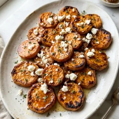 roasted sweet potato rounds with honey and feta on white ceramic platter with thyme
