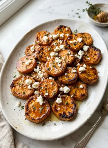 roasted sweet potato rounds with honey and feta on white ceramic platter with thyme