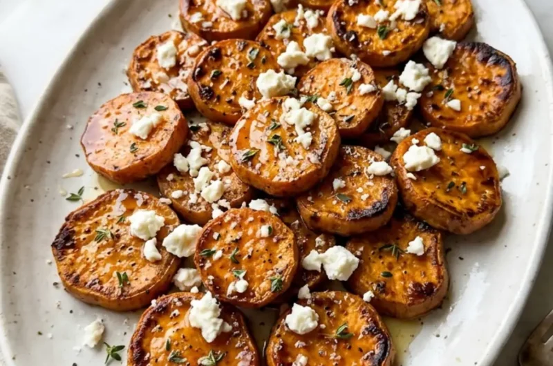 roasted sweet potato rounds with honey and feta on white ceramic platter with thyme