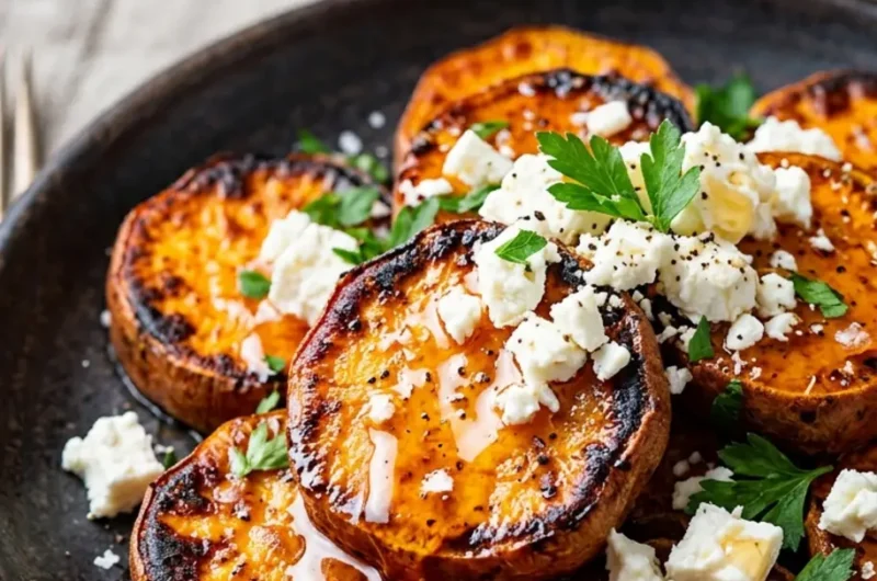 pinterest pin image for roasted sweet potato rounds with honey and feta