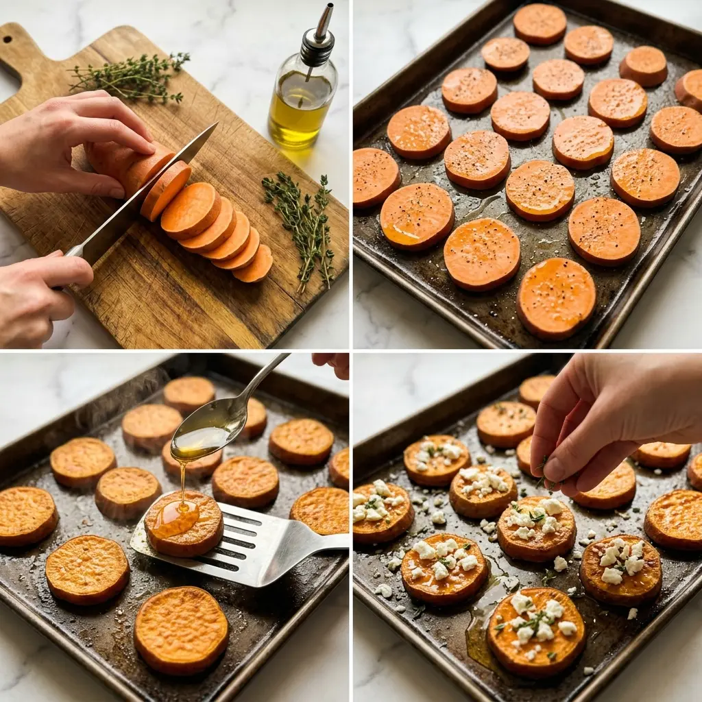 4-step cooking process collage for roasted sweet potato rounds with honey and feta