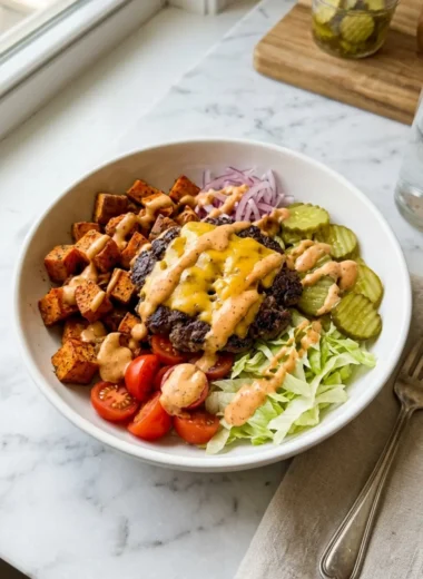 Smash Burger Bowl with crispy beef, sweet potatoes, lettuce, tomatoes, pickles, and cheddar