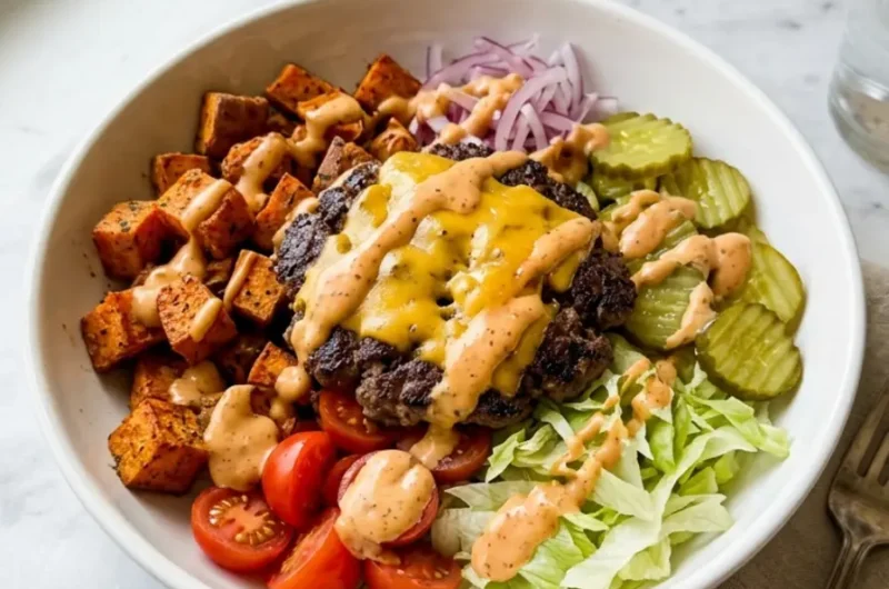 Smash Burger Bowl with crispy beef, sweet potatoes, lettuce, tomatoes, pickles, and cheddar