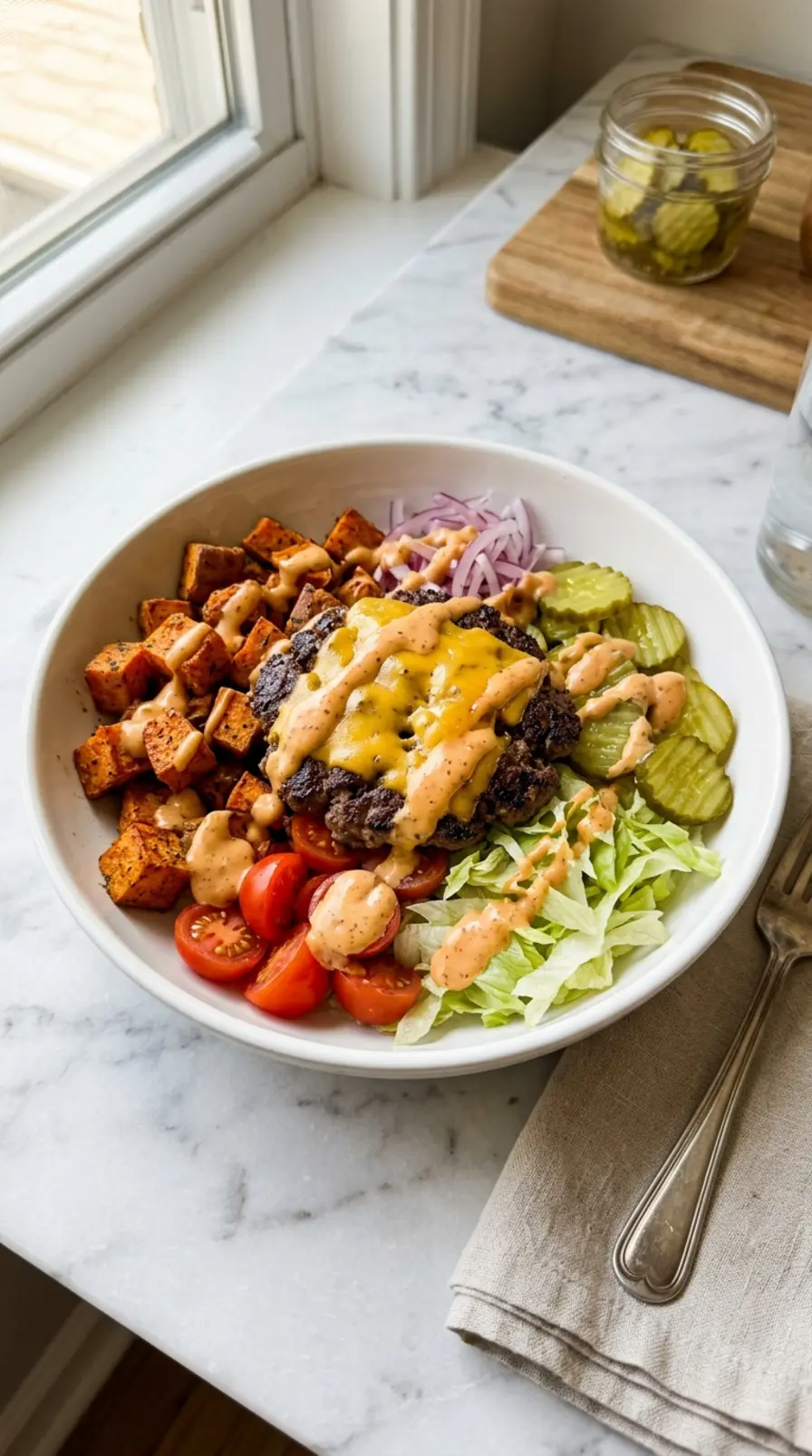 Smash Burger Bowl with crispy beef, sweet potatoes, lettuce, tomatoes, pickles, and cheddar