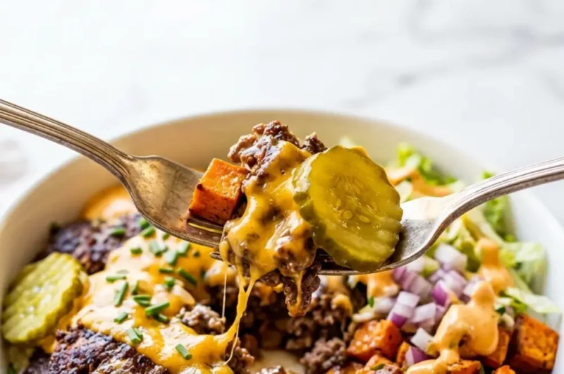 Pinterest pin image for Smash Burger Bowl showing a fork lift of crispy beef, sweet potato, and cheese