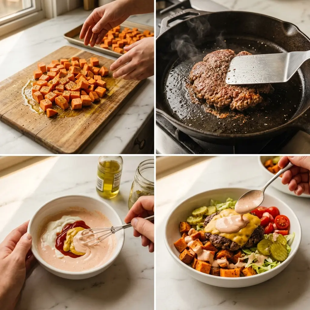 4-step cooking process collage for Smash Burger Bowl showing prep, searing, sauce, and assembly