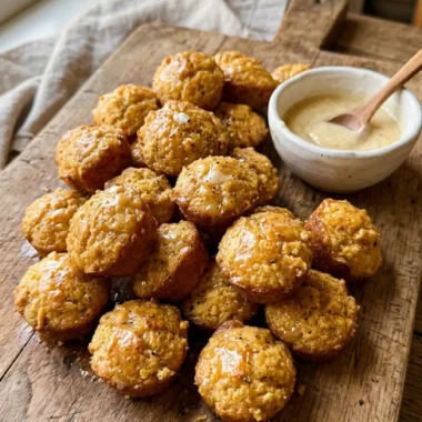 Southern-style Honey Butter Cornbread Poppers stacked on a wooden board with honey butter glaze bowl